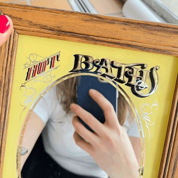 Vintage 1991 Hensley Wood-Framed Barbershop Mirror w/ Hooks, Rose Design - Picture 2 of 11